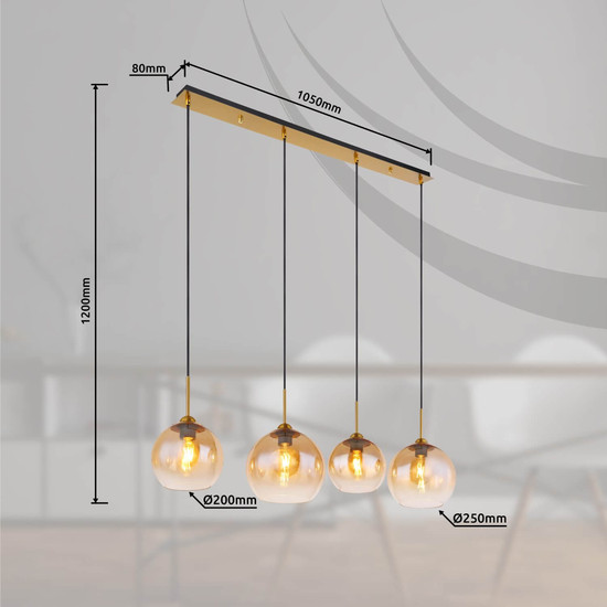 Globo Pendelleuchte Jamessa 4-flammig E27 Messingfarben matt amber Metall Glas 120x120cm