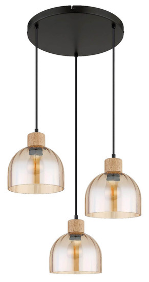 Globo Pendelleuchte Swanson 3-flammig E27 Schwarz matt amber Metall Glas Ø40cm