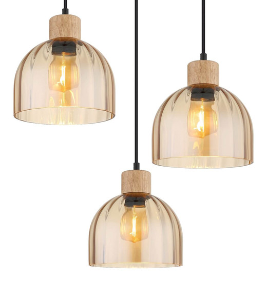 Globo Pendelleuchte Swanson 3-flammig E27 Schwarz matt amber Metall Glas Ø40cm