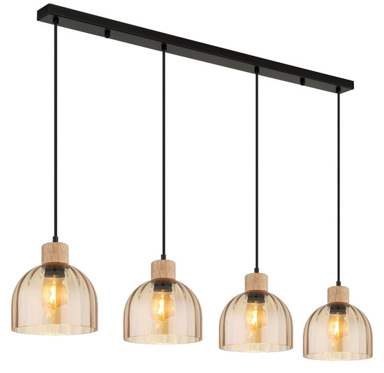 Globo Pendelleuchte Swanson 4-flammig E27 Schwarz matt amber Metall Glas 120x113cm