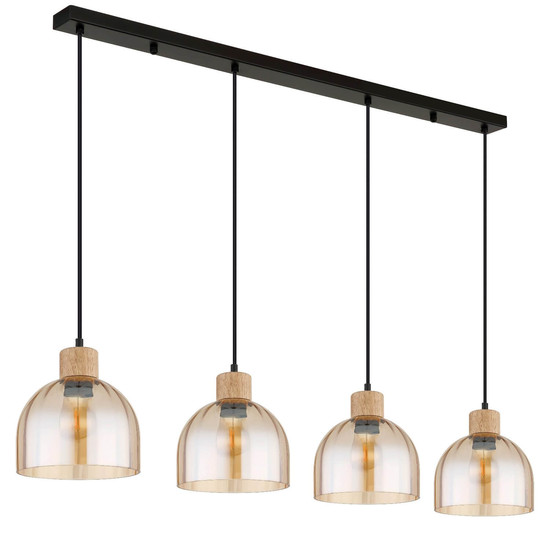 Globo Pendelleuchte Swanson 4-flammig E27 Schwarz matt amber Metall Glas 120x113cm