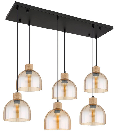 Globo Pendelleuchte Swanson 6-flammig E27 Schwarz matt amber Metall Glas 130x105cm
