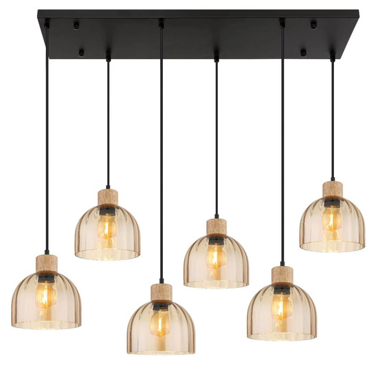 Globo Pendelleuchte Swanson 6-flammig E27 Schwarz matt amber Metall Glas 130x105cm