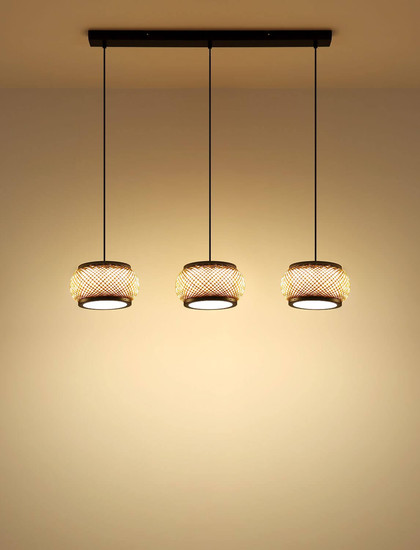 Globo LED Pendelleuchte Bambora 35W CCT warm-/neutral-/tageslichtweiss Schwarz matt naturfarben Metall Bambus 120x92cm
