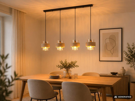 Globo Pendelleuchte Daren 4-flammig E27 Schwarz matt amber Metall Glas 120x109cm