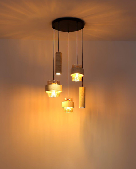 Globo Pendelleuchte Daren 3-flammig E27 + 2-flammig GU10 Schwarz matt amber Metall Glas Ø47cm