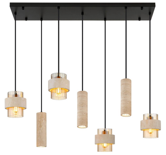 Globo Pendelleuchte Daren 4-flammig E27 + 3-flammig GU10 Schwarz matt amber Metall Glas 130x94,5cm