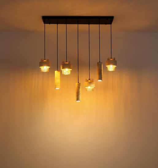 Globo Pendelleuchte Daren 4-flammig E27 + 3-flammig GU10 Schwarz matt amber Metall Glas 130x94,5cm