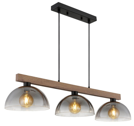 Globo Pendelleuchte Romy 3-flammig E27 Schwarz matt rauchfarben Metall Glas 120x114cm