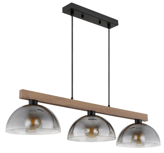 Globo Pendelleuchte Romy 3-flammig E27 Schwarz matt rauchfarben Metall Glas 120x114cm