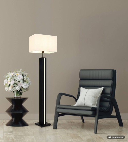 Globo Stehleuchte Forest E27 + LED 17W dimmbar warmweiss Holzoptik dunkel weiß MDF Textil 150cm