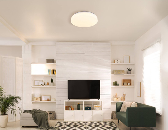 Globo Warata LED Deckenleuchte 12W Warmweiß Weiß Matt, Metall Fernbedienung Nachtlicht Sparkle-Dekor Memoryfunktion Ø33cm 48037RGB