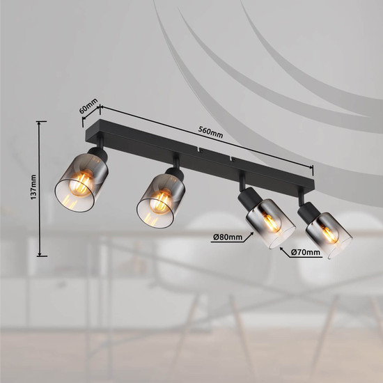 Globo Strahler Hubertus 4-flammig E14 Schwarz matt rauchfarben Metall Glas 56x14cm