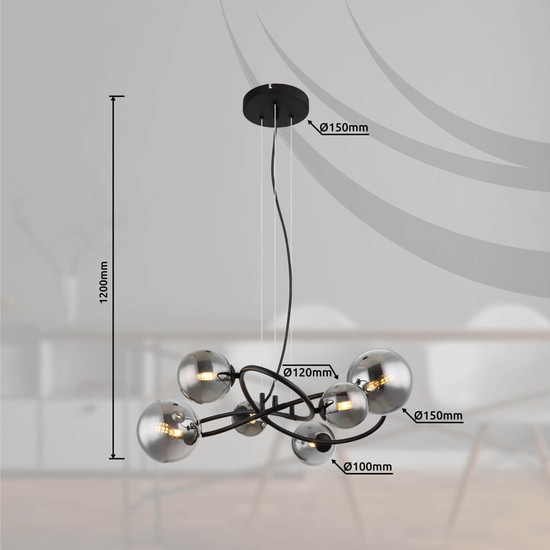 Globo LED Pendelleuchte Riha 6-flammig G9 LED 6x 3,5W warmweiss Schwarz matt rauchfarben Metall Glas 120x62cm