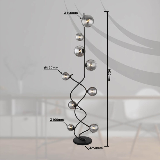 Globo LED Stehleuchte Riha 9-flammig G9 LED 9x 3,5W warmweiss Schwarz matt rauchfarben Metall Glas 162cm
