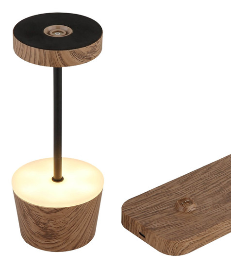 Globo LED Tischleuchte Dawson RGBW LED 1W dimmbar Akku IP54 warmweiss Holzoptik dunkel Metall Ø8cm