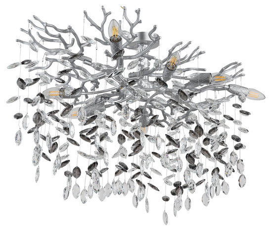 Globo Deckenleuchte Queena 7-flammig E14 Silberfarben matt rauchfarben Metall Glaskristalle 85x50cm
