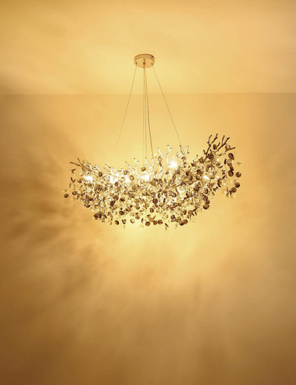 Globo Kronleuchter Queena 10-flammig E14 Silberfarben matt rauchfarben Metall Glaskristalle 120x100cm