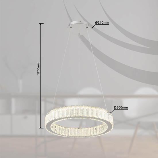Globo LED Pendelleuchte Mucky 50W dimmbar Fernbedienung CCT warm-/tageslichtweiss Verchromt klar Metall K5 Kristalle Ø50cm