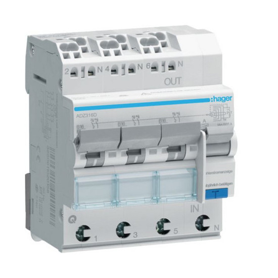Hager ADZ316D Fehlerstrom-Leitungsschutzschalter 3X 1PN 6kA B-16A 30mA Typ A QuickConnect