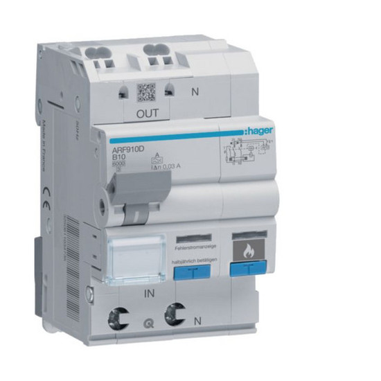 Hager ARF910D Fehlerlichtbogen-Schutzeinrichtung AFDD mit FI-LS 1PN 6kA B-10A 30mA Typ A 3M