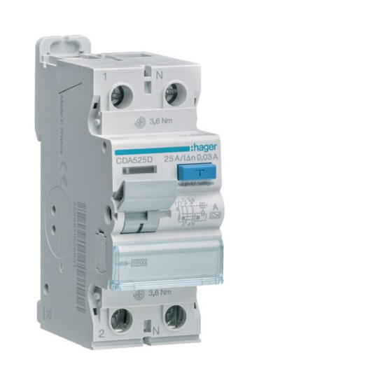 Hager CDA525D Fehlerstromschutzschalter 2 polig 10kA 25A 30mA Typ A