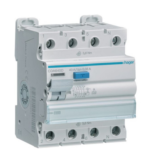 Hager CDA640D Fehlerstromschutzschalter 4 polig 10kA 40A 30mA Typ A
