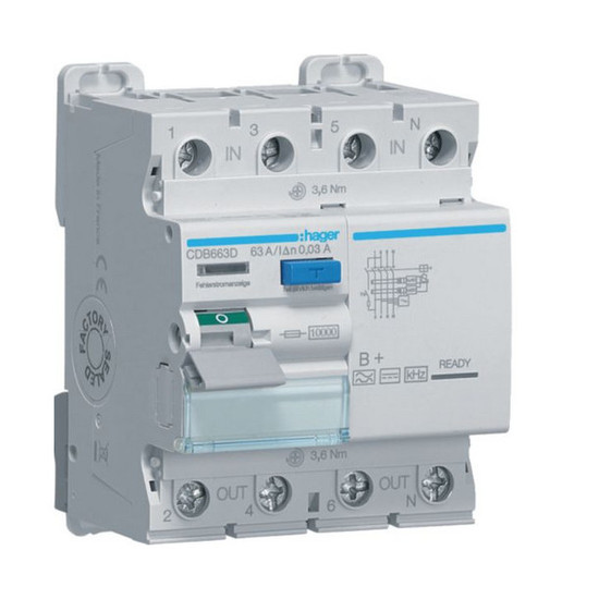 Hager CDB663D Fehlerstromschutzschalter 4 polig 10kA 63A 30mA Typ B