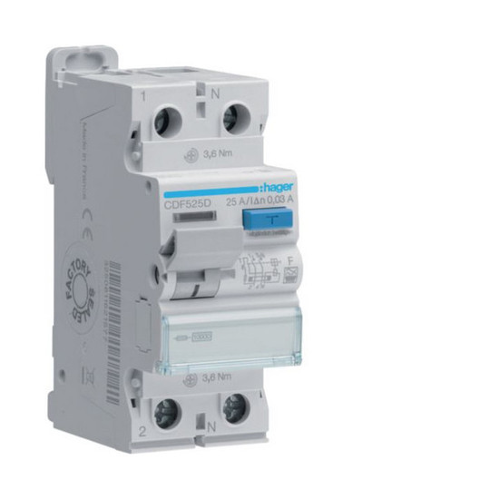Hager CDF525D Fehlerstromschutzschalter 2 polig 10kA 25A 30mA Typ F