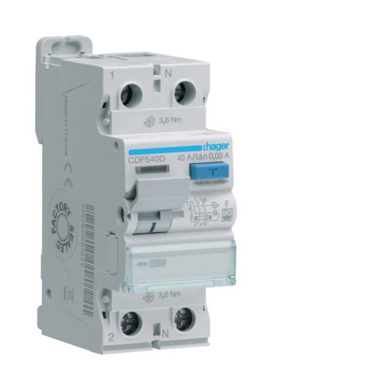 Hager CDF540D Fehlerstromschutzschalter 2 polig 10kA 40A 30mA Typ F