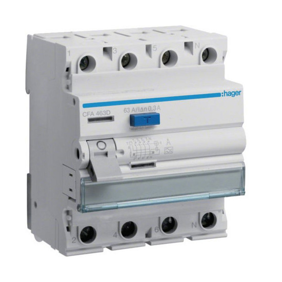Hager CFA463D Fehlerstromschutzschalter 4 polig 6kA 63A 300mA Typ A