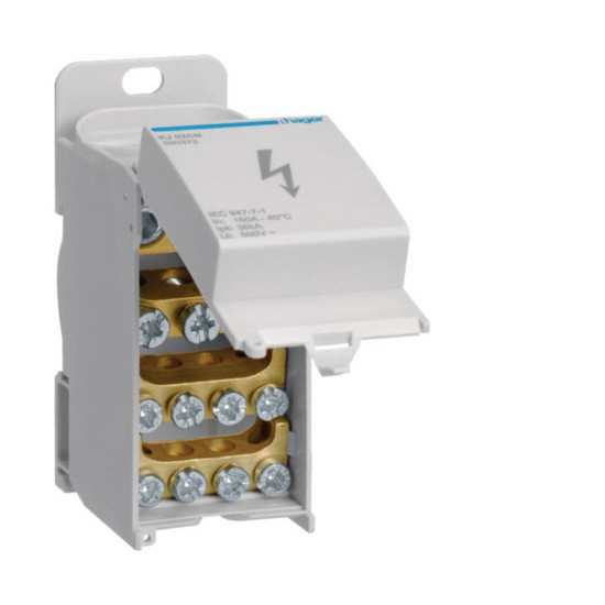 Hager KJ02CN Verteilerblock 160A mit Frontabdeckung, 1polig, 2x 25-70²/3x 2,5-25²/8x 1,5-16²