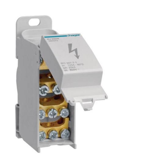 Hager KJ02DN Verteilerblock 125A mit Frontabdeckung, 1polig, 2x 10-35²/2x 2,5-25²/6x 1,5-16²