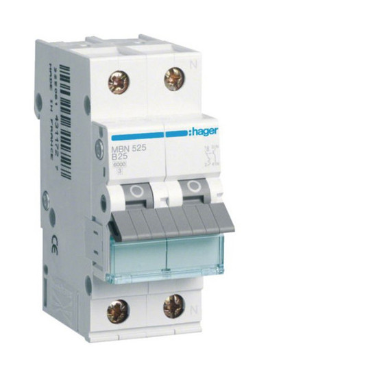 Hager MBN525 Leitungsschutzschalter 1PN 6kA B-Charakteristik 25A 2 Module