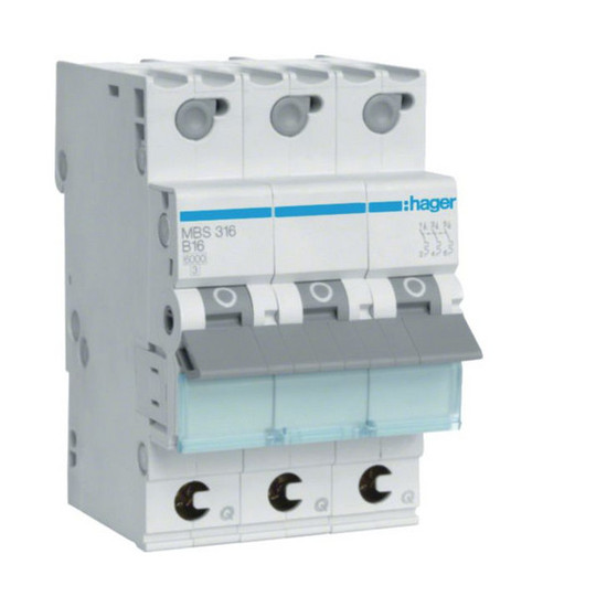 Hager MBS316 Leitungsschutzschalter 3 polig 6kA B-Charakteristik 16A Quick Connect 3 Module