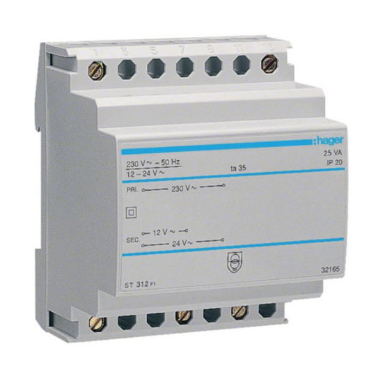 Hager ST312 Sicherheitstrafo 230V / 12V und 24V 25VA 4PLE