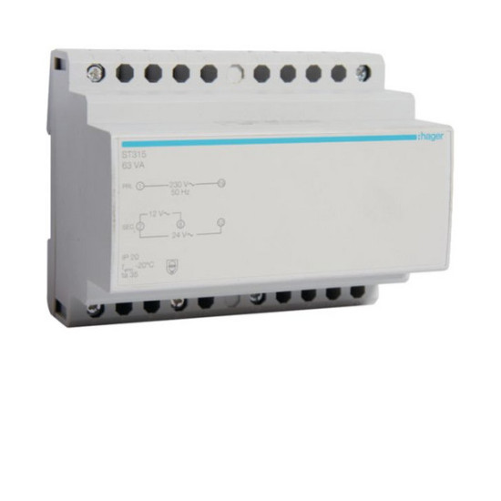 Hager ST315 Sicherheitstrafo 230V / 12V und 24V 63VA 6PLE