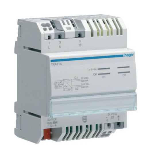 Hager TXA114 Spannungsversorgung KNX mit 1 Ausg. inkl. Drossel 320mA  1 Ausg. 24VDC, 640mA