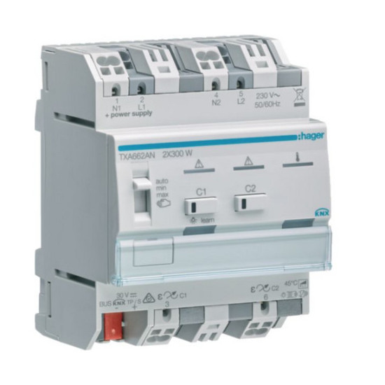 Hager TXA662AN Universal-Dimmaktor 2-fach KNX easy, 2x300W, ESL/LED, kombinierbar