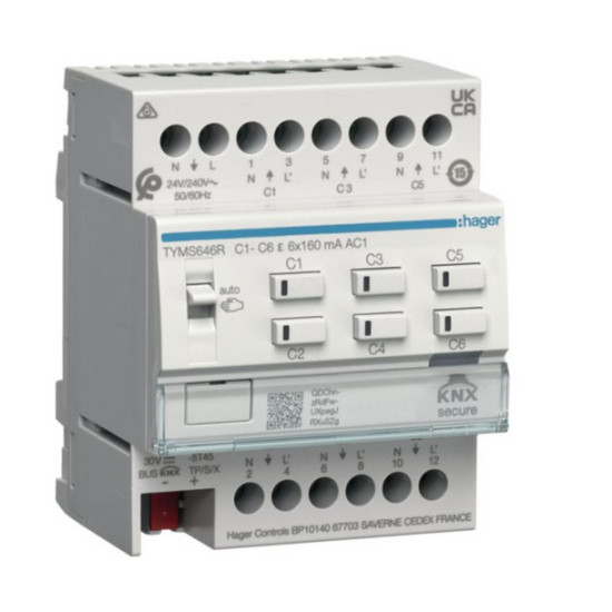 Hager TYMS646R Heizungsaktor 6fach KNX Secure, mit Regler für 24/230V Stellantriebe, Triac