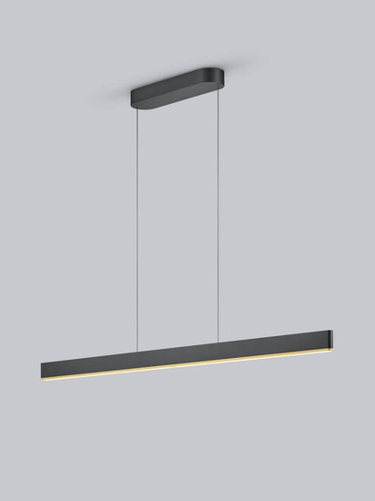 Helestra NIN LED Pendelleuchte 60W dimmbar 90Ra Steuerbare Lichtfarbe, extra-warm- bis neutralweiss Schwarz-Gold Aluminium satiniert 123cm