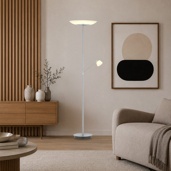 Hell LED Stehleuchte Ferdi dimmbar 41W CCT steuerbare Lichtfarbe 3-stufig extrawarm- bis neutralweiss 90Ra Nickel matt Alabasterglas 180cm 60583/2-92