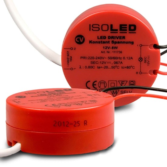ISOLED LED Trafo 12V/DC, 0-8W, runde Bauform, SELV