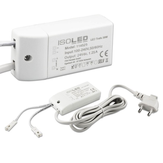ISOLED LED Trafo MiniAMP 24V/DC, 0-30W, 200cm Kabel mit Flachstecker, sekundär 2 female Buchsen