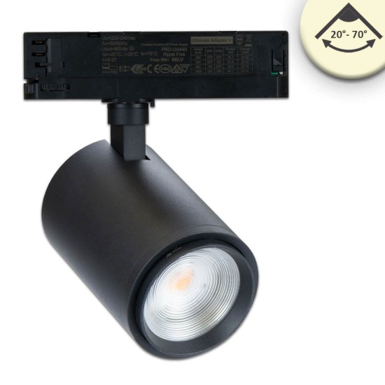 ISOLED 3-PH Schienen-Strahler fokussierbar, 42W, 20°-70°, schwarz matt, 3000K, CRI92