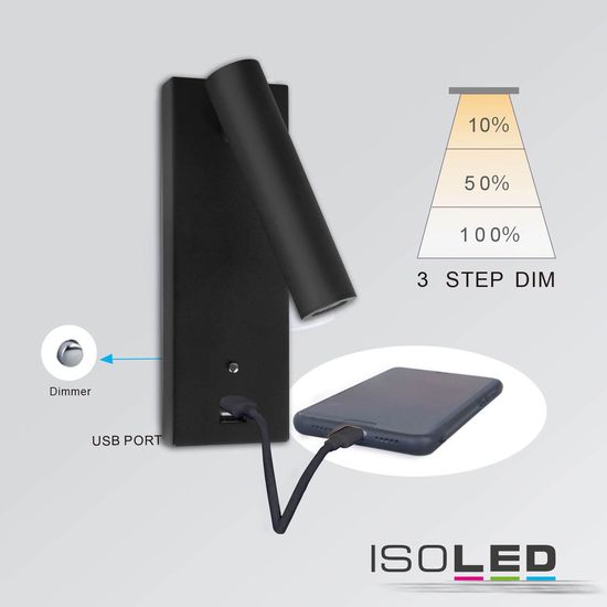 ISOLED LED Leseleuchte, 3W, schwarz, mit USB A Ladebuchse, warmweiß, 3 Stufen dimmbar