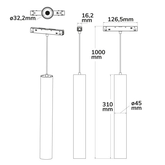 ISOLED Track48 Hängeleuchte Pipe schwarz, 15W, 36°, UGR<19, 48V DC, 3000K, CRI90, DALI dimmbar