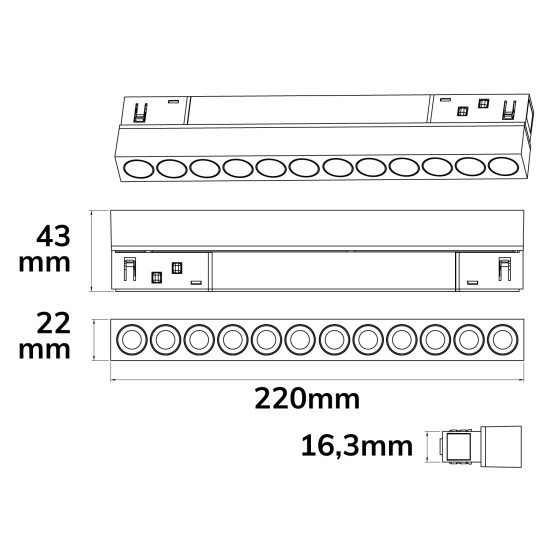 ISOLED Track48 Rasterleuchte 22cm schwarz, 12W, 36°, UGR<19, 48V DC, 3000K, CRI90, DALI dimmbar
