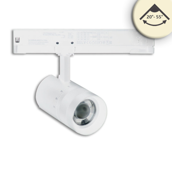 ISOLED 3-Phasen Schienen-Strahler fokussierbar, 12W, 20°-55°, weiß matt, 3000K, DALI dimmbar