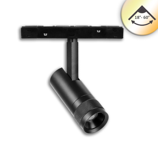 ISOLED Track48 Schienen-Strahler schwarz, 7W, fokuss. 18°-60°, UGR<16, 48V DC, 1800-4000K, DALI DT8 dimmbar